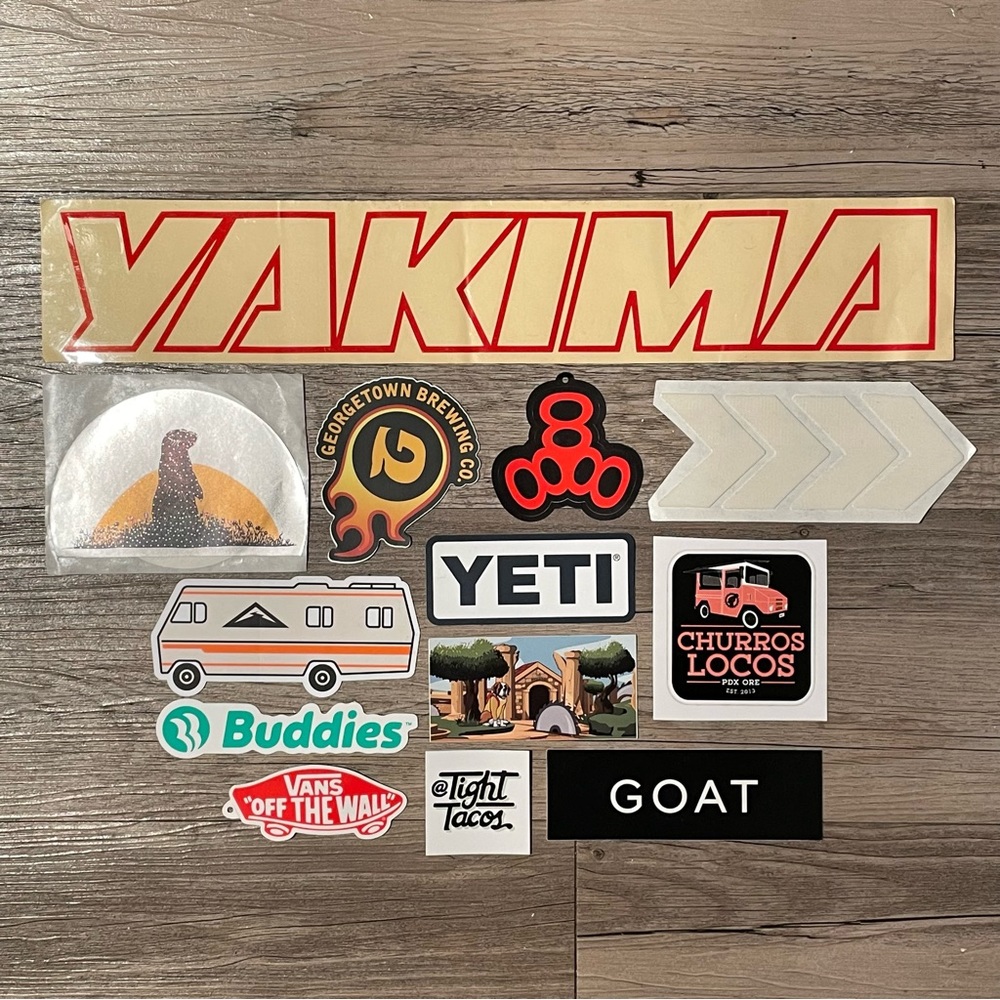 Bundle of Assorted Stickers from YETI, Vans, Yakima, GOAT, Nike ACG, Buddies